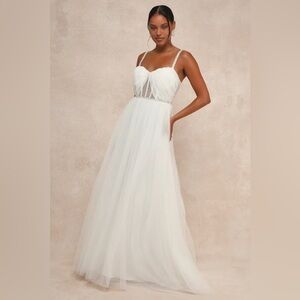 Lulus Glittering Romantic White Rhinestone Tulle Bustier Wedding Dress XS S M